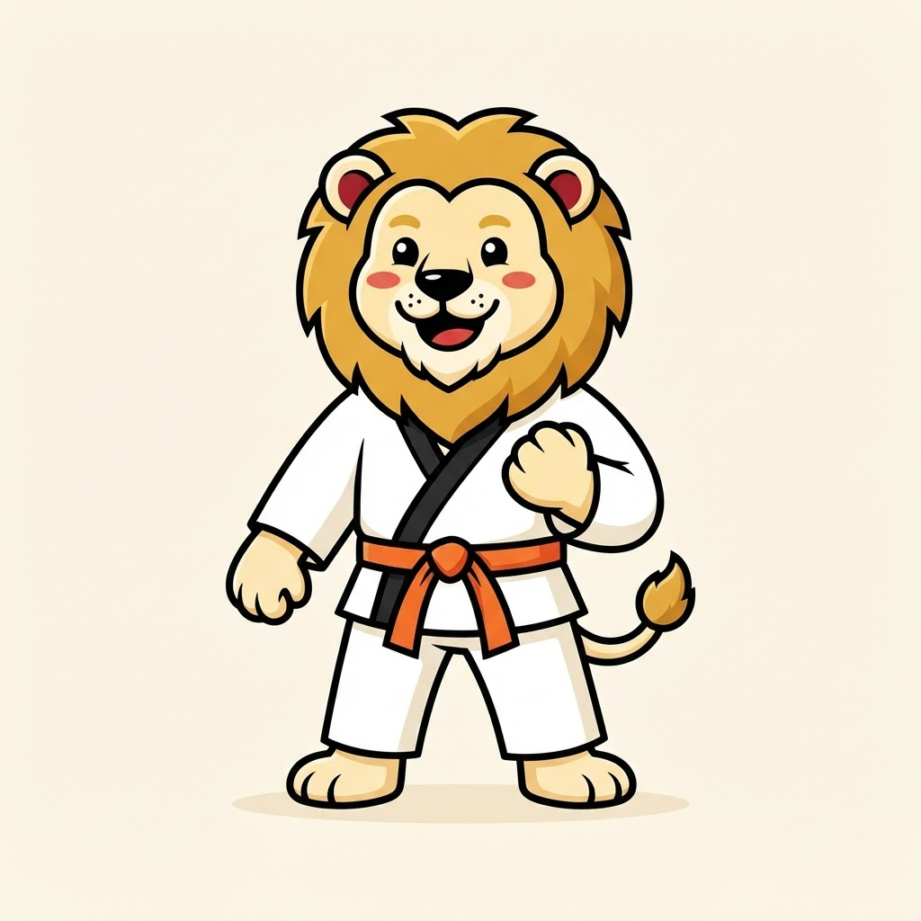 Leo the Brave Lion standing confidently in a martial arts uniform with an orange belt