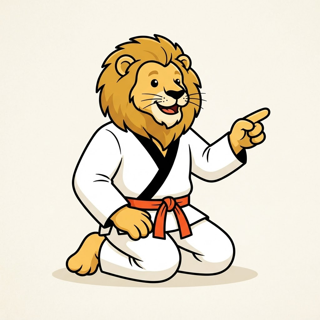 Leo the Brave Lion kneeling and coaching, pointing forward